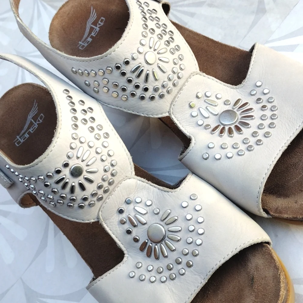 Women’s White Studded Leather Block Heel Sandals